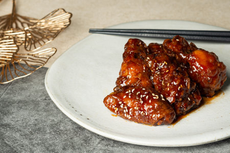 Deep-fried chicken with korean style sauce on white plate.の写真素材