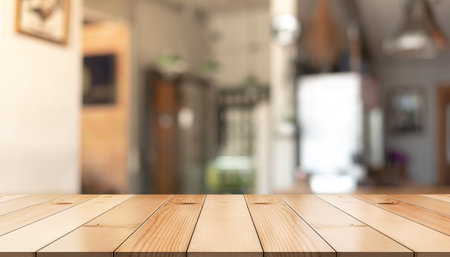 Empty wooden table top with lights bokeh on blur restaurant background.の写真素材
