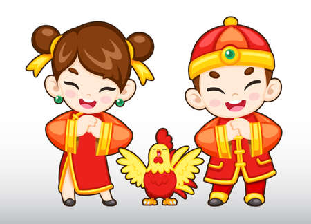Vector Chinese Boy, Girl, Rooster Illustrationのイラスト素材
