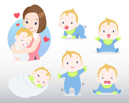Mother and baby in many actions illustrationのイラスト素材