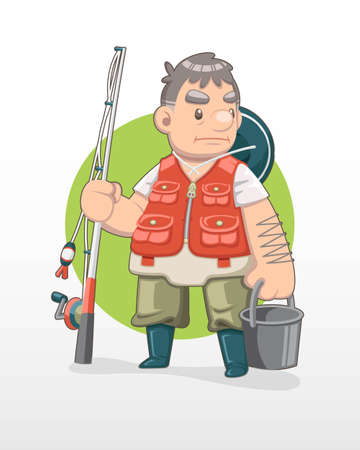 Cute cartoon old fisherman illustration with circle backgroundのイラスト素材