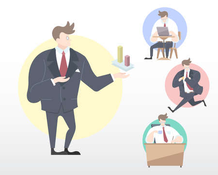 Set of a Business Man in many movement illustration [Present, Working, Transporting, Relax] in flat modern styleのイラスト素材