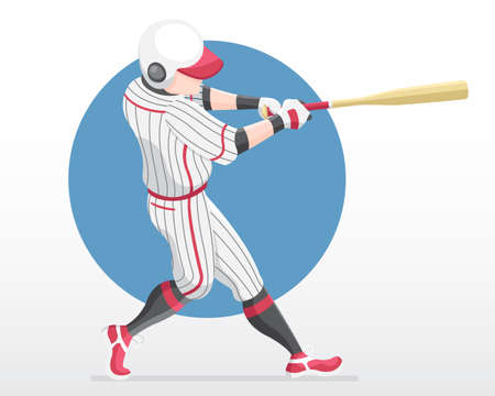 Flat style baseball player in red team shirt in full swing action illustrationのイラスト素材