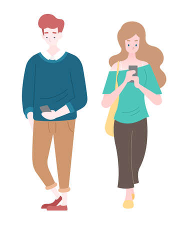 Flat style couple walking together looking at mobile phone screen illustration&#xD;&#xA;のイラスト素材