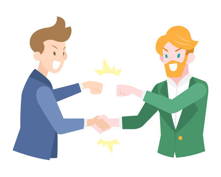Flat Style Handshaked Businessmen in blue and green suit doing fistbump to each other illustrationのイラスト素材