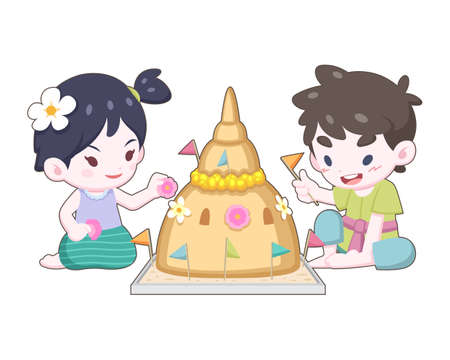 Cute cartoon style Thai girl and boy in vintage wearing making and decorating sand pagoda illustartionのイラスト素材