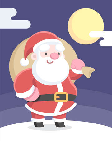 Flat cartoon style Santa Claus bearing gifts standing under full moon and snowy terrain vector illustrationのイラスト素材