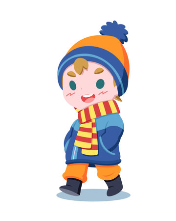 Cute style boy in winter clothes walking happily cartoon illustrationのイラスト素材