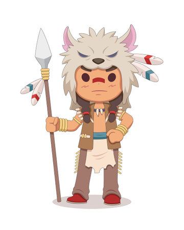 Cute style native American Indian warrior holding spear cartoon illustrationのイラスト素材
