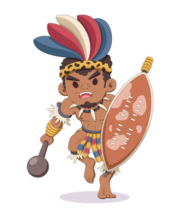 Cute style African zulu tribal warrior with shield and mace cartoon illustrationのイラスト素材