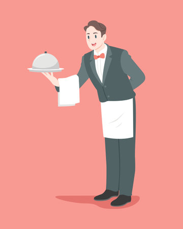 Flat style happy handsome waiter cartoon illustrationのイラスト素材