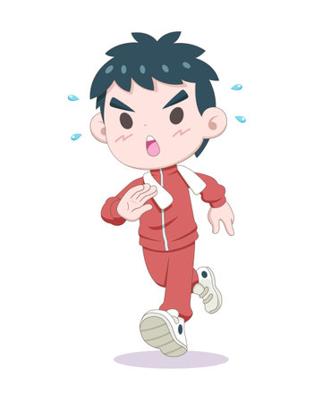 Cute style boy in tracksuit doing warm-up running cartoon illustrationのイラスト素材