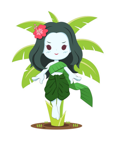Cute style Thai ghost lady Tanee floating near banana tree cartoon illustrationのイラスト素材