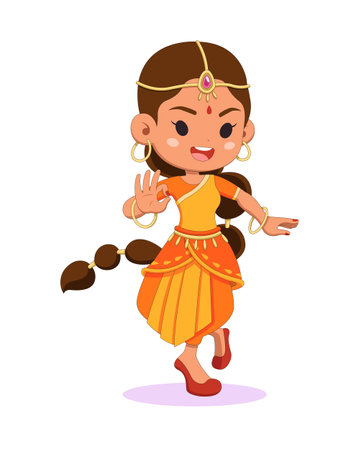 Cute style Indian woman dancer performing traditional dance cartoon illustrationのイラスト素材