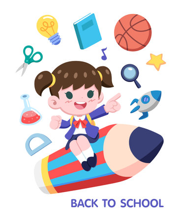 Cute style girl student with school objects cartoon illustrationのイラスト素材