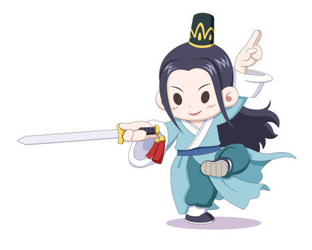 Cute style fantasy martial artist in Wuxia Chinese fiction sword dancing cartoon illustrationのイラスト素材