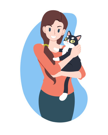 Flat style cute woman holding black cat cartoon illustrationのイラスト素材