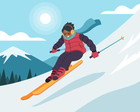 Flat style Winter skiing on ski slope cartoon illustrationのイラスト素材