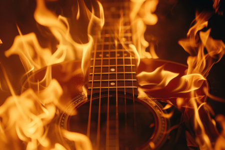 guitar on fire isolated on black background.の素材