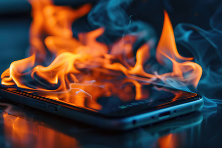 a close up of a smart phone in the form of an burn on fire.の素材