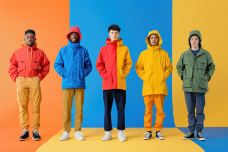 Men wearing modern rainy season fashion clothes On a minimalist background, shapes are colorful.の素材