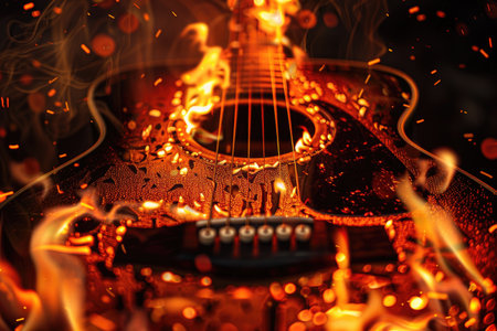 guitar on fire isolated on black background.の素材