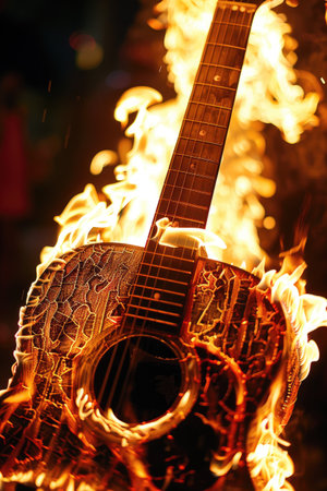 guitar on fire isolated on black background.の素材