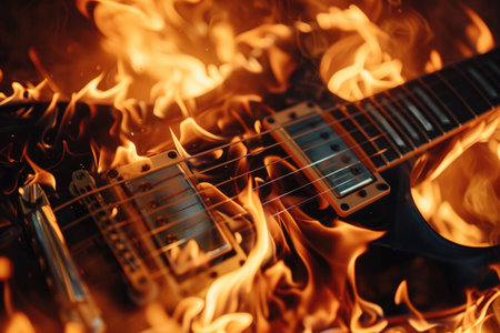 guitar on fire isolated on black background.の素材