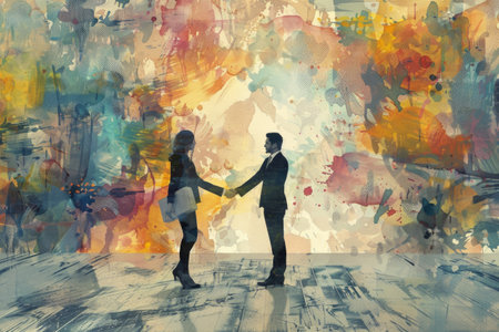 Businessmen and businesswomen handshake on skyscraper background at sunrise, successful deal.の素材