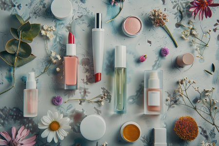 A flat lay composition featuring a variety of cosmetics arranged alongside skincare products on a textured background.の写真素材