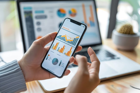 Mobile Trading: Hands Analyzing Financial Charts and Data on Smartphone.の写真素材