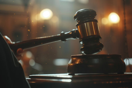 Justice and Law. Gavel in Ornate Courtroom.