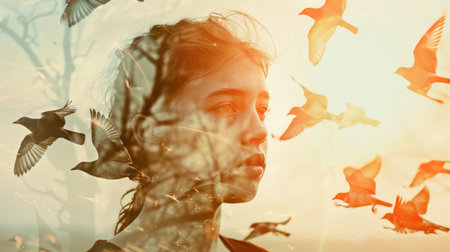 A young woman, her portrait double exposed with a flock of birds in flightの写真素材