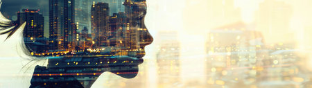 Young womans profile merging with the abstract shapes of city architecture