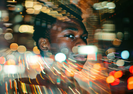 Young mans portrait, double exposed with a cityscape at nightの写真素材