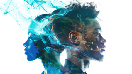 Dynamic double exposure portrait of a young man and woman, her profile merging with abstract swirls of blue and greenの写真素材