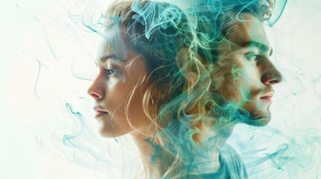 Dynamic double exposure portrait of a young man and woman, her profile merging with abstract swirls of blue and greenの写真素材