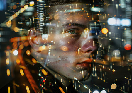 Young mans portrait, double exposed with a cityscape at night