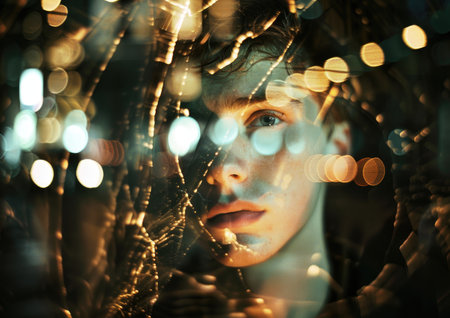Young mans portrait, double exposed with a cityscape at nightの写真素材