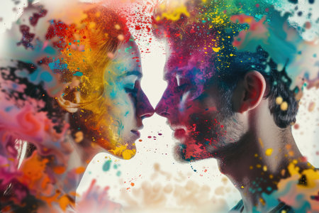 Double exposure portrait, a young man and woman facing each other, their profiles merging seamlessly with a burst of colorful paint splattersの写真素材
