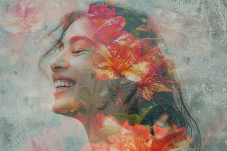 Womans Joyful Portrait with Floral Overlay, Blooming Laughterの写真素材