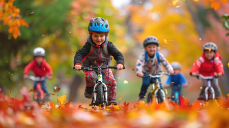 Joyful Children Racing Balance Bikes in Vibrant Autumn Parkの写真素材