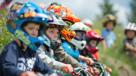 Young Children with Colorful Helmet Stickers Ready for Downhill Balance Bike Race