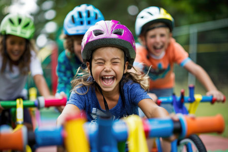 Joyful Children on Balance Bikes in Colorful Obstacle Course Adventure