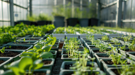 Rows of various types of plants in plastic containers arranged neatly in a glass greenhouse with abundant natural lightの写真素材