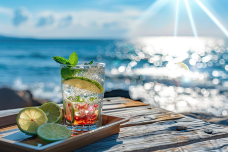 A refreshing cocktail with lime and mint on a wooden tray by the seaside under bright sunlight.の写真素材