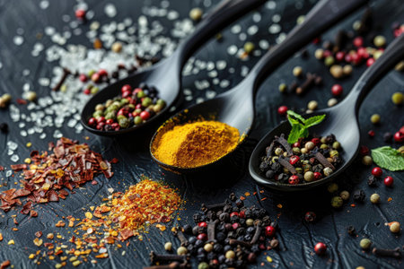 An assortment of colorful spices in black spoons on a dark, textured background. Various spices and...