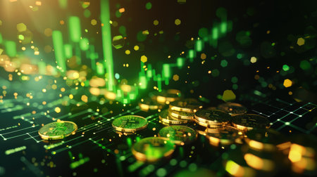 A luminou green upward arrow pierce through a shower of gold coin, scattering them background of...