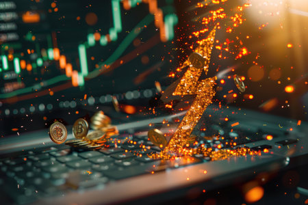 3D upward arrow bursting out of a laptop screen, dragging a chain of gold coins and money bagの写真素材