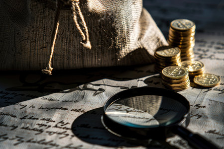 Magnifying Growth: Coins, Money Bags, and the Shadow of Successの写真素材